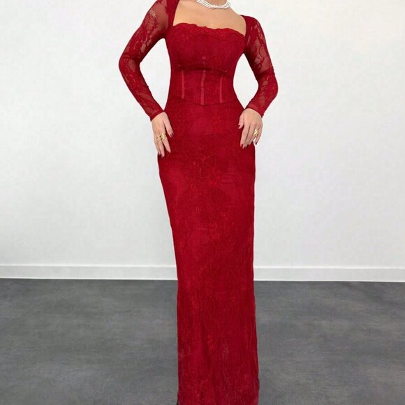 Burgundy Casual Women's Date Night Lace Long Sleeve Square Neck Bodycon Dress - Picture 3 of 7